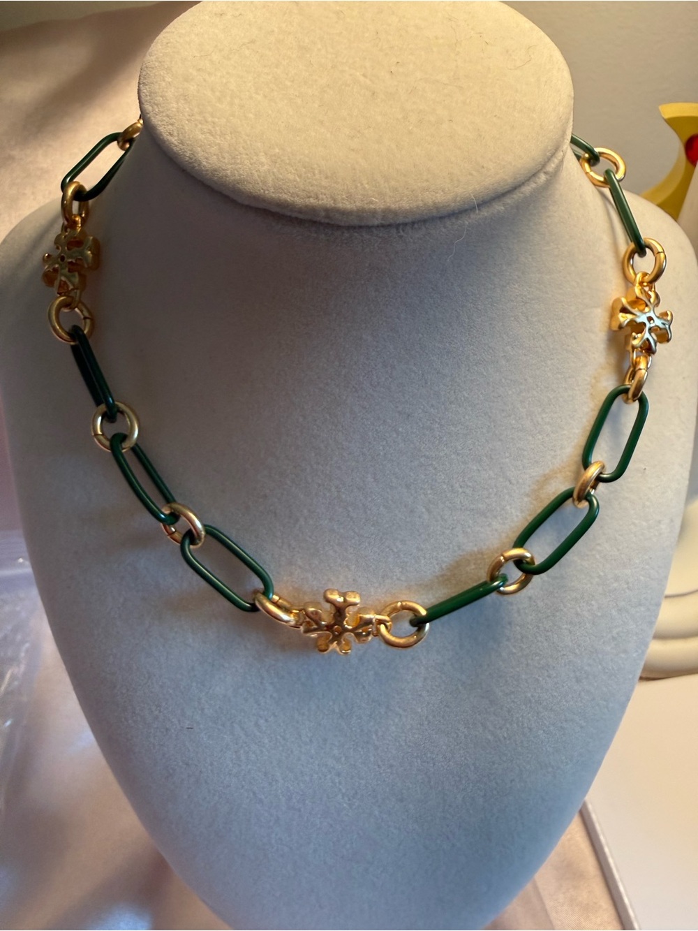 Gold-Tone Necklace with Green Enamel Links and Floral Accents
